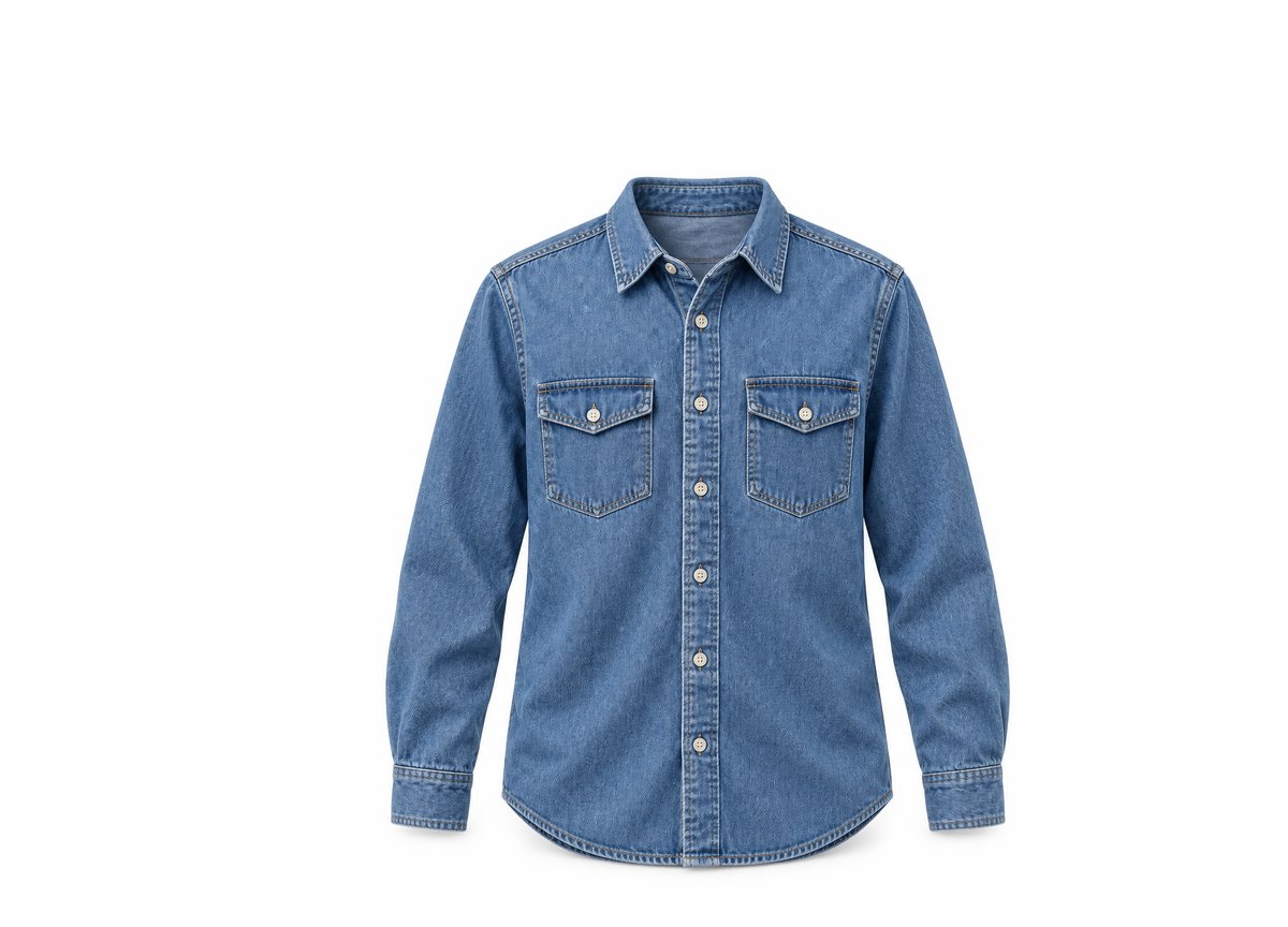 Mid-wash denim shirt with long sleeves and two flap pockets