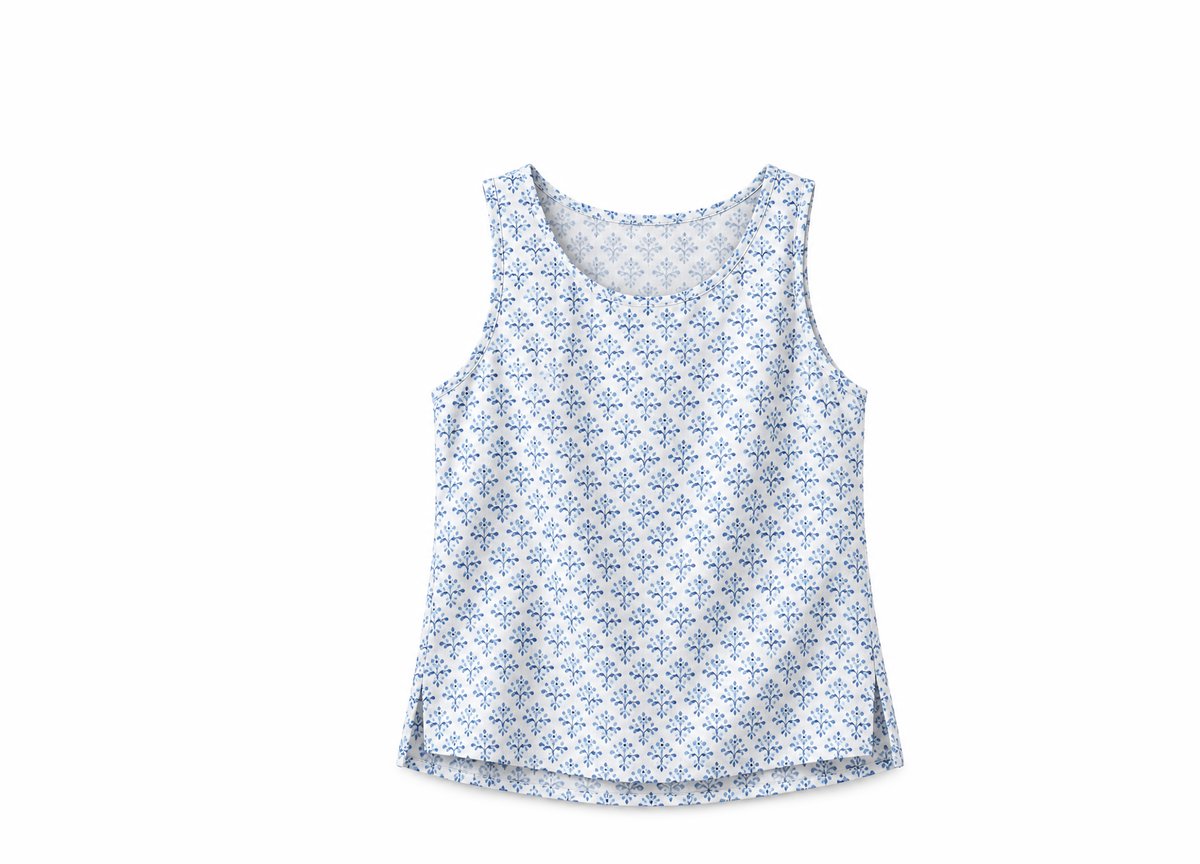 Sleeveless woven tank top in a blue block print